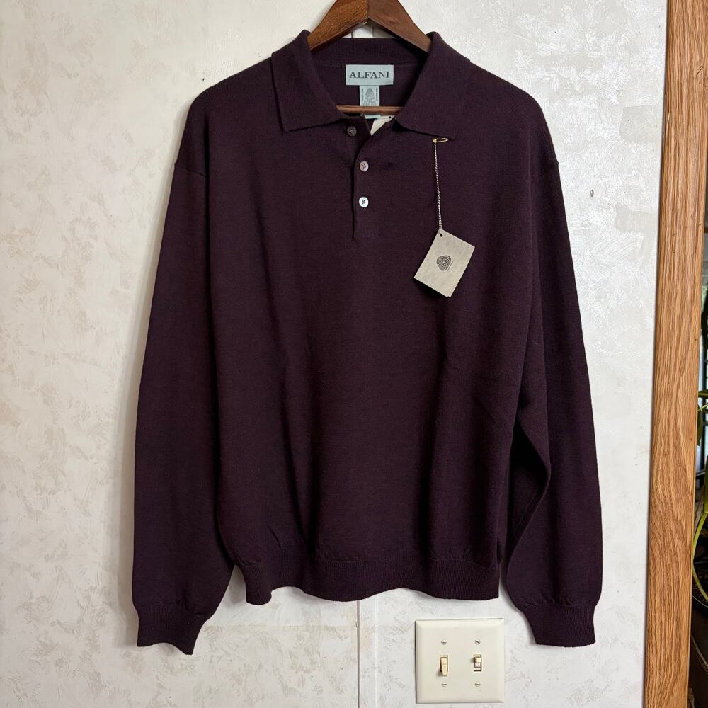 NWT Alfani 100% Merino Wool Long Sleeve Burgandy Polo Sweater Academia Preppy L